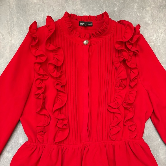 SISTER JANE Ruffled Red Romantic Long Sleeve Mini Dress Size Medium - Picture 5 of 9
